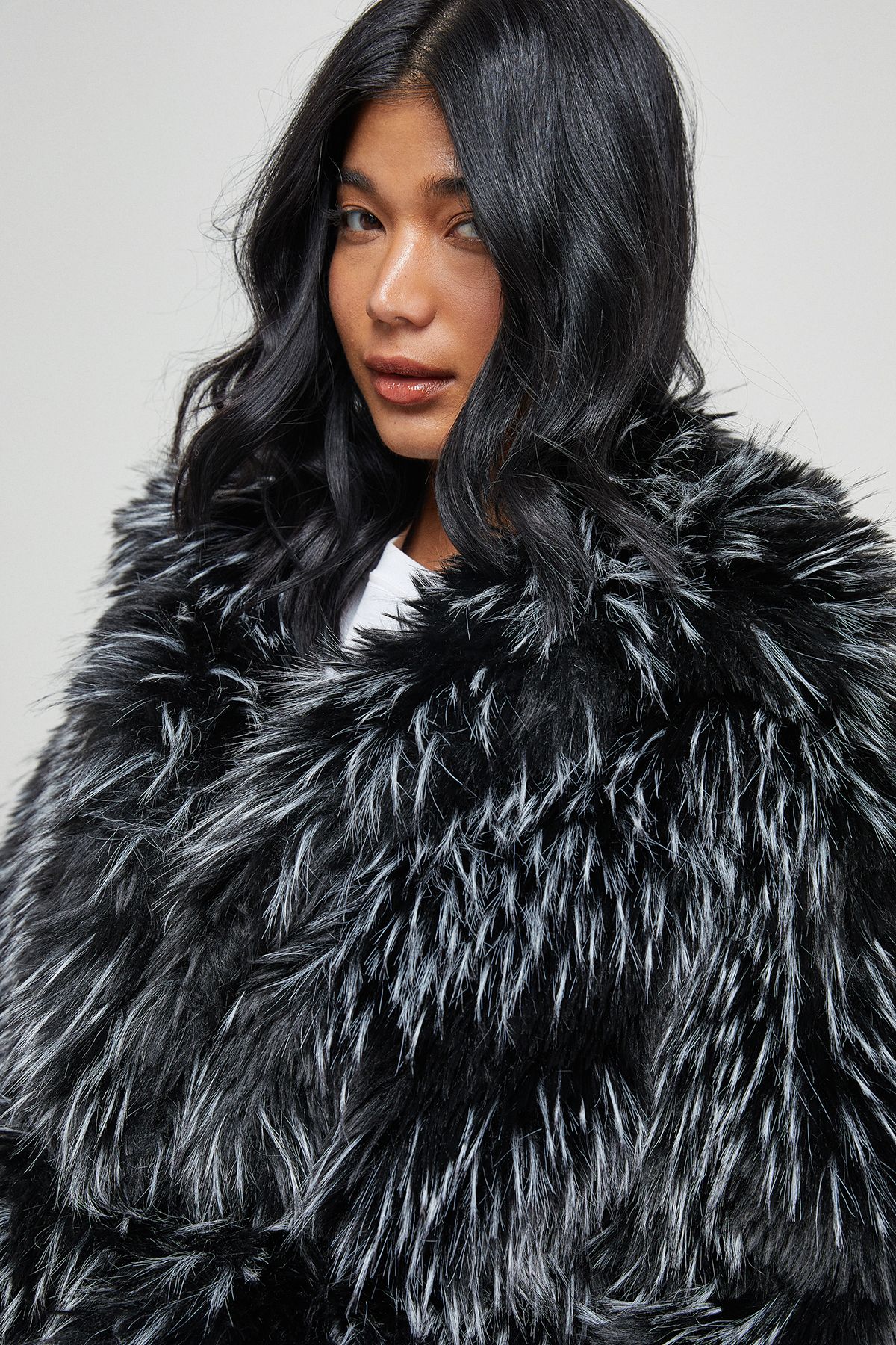 Warehouse Faux Fur Two Tone Coat Mono image 4