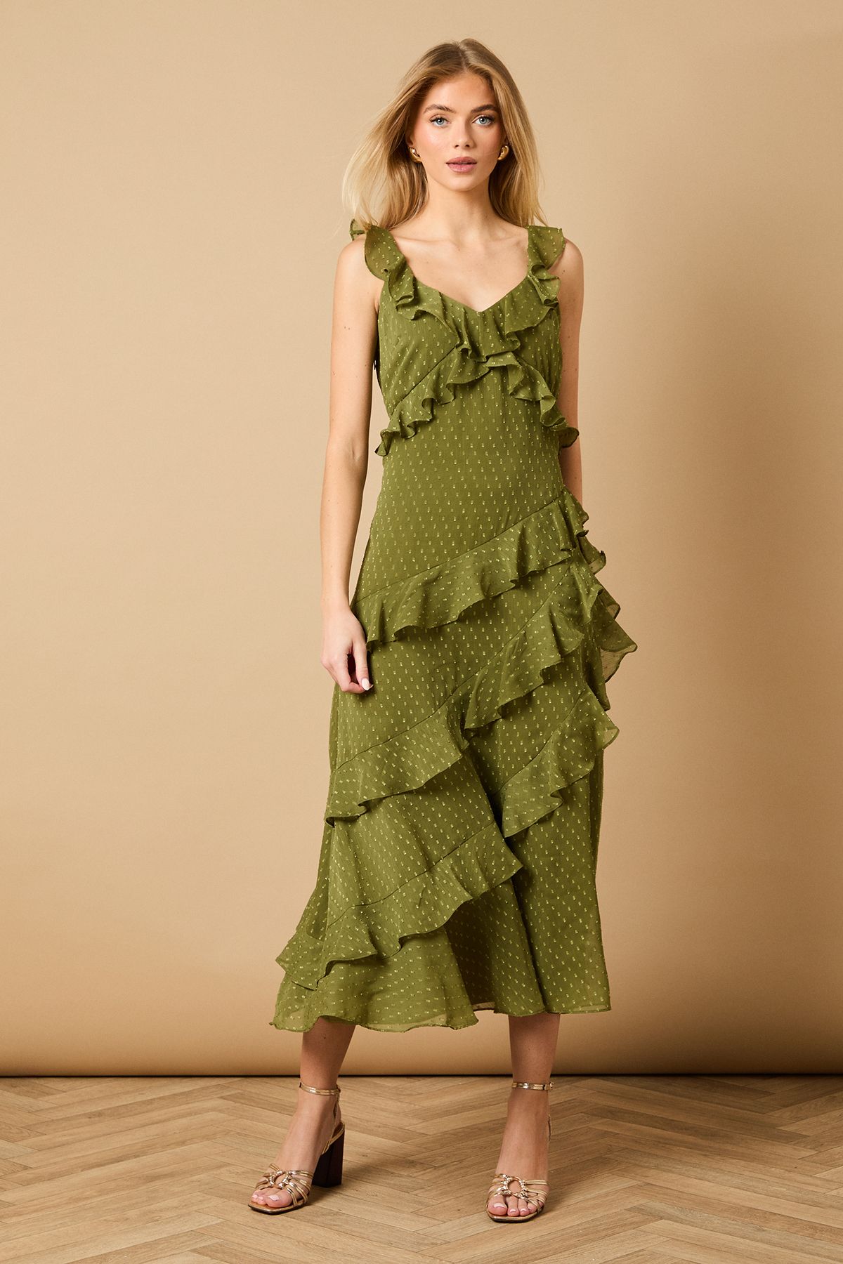 Oasis Dobby Ruffle V Neck Tiered Midi Dress Khaki