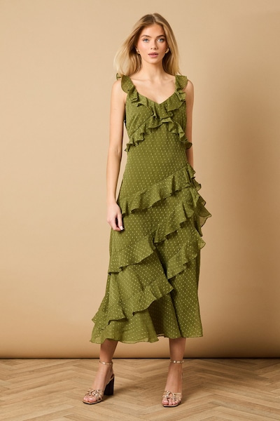 Oasis Dobby Ruffle V Neck Tiered Midi Dress Khaki
