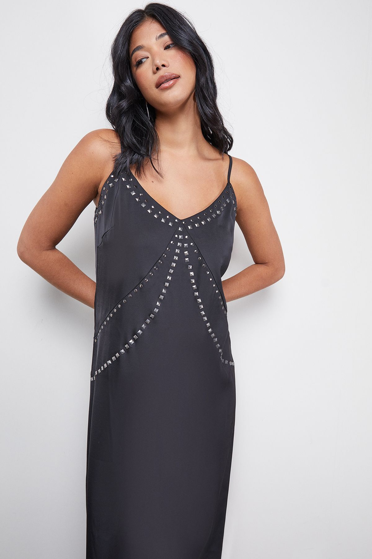 Warehouse Premium Stud Embellished Strappy Cami Slip Dress Black image 2