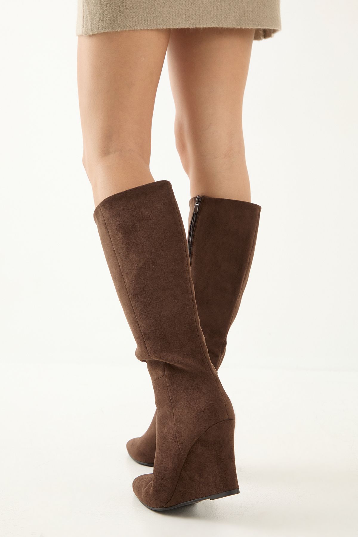 MissPap Faux Suede High Wedge Knee Boots Chocolate image 3