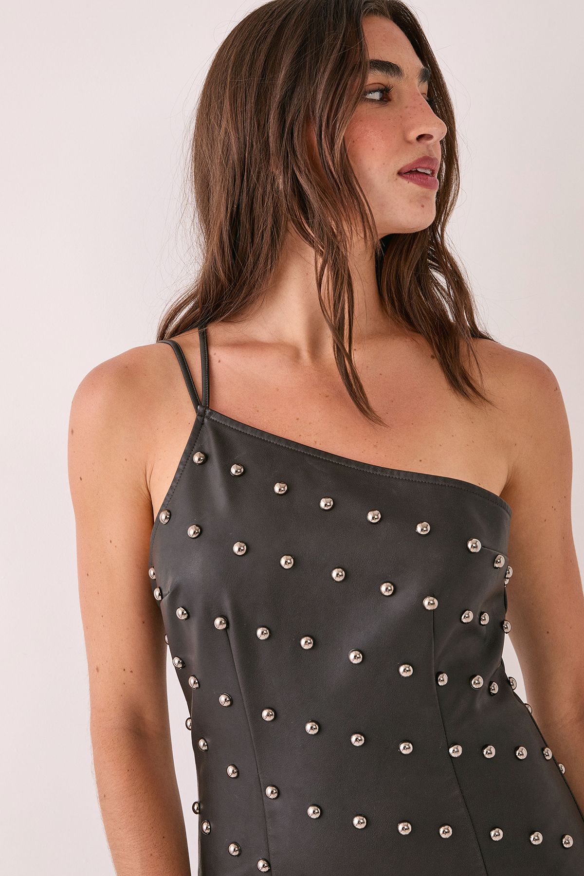 NastyGal Studded One Shoulder Faux Leather Mini Dress Black image 3