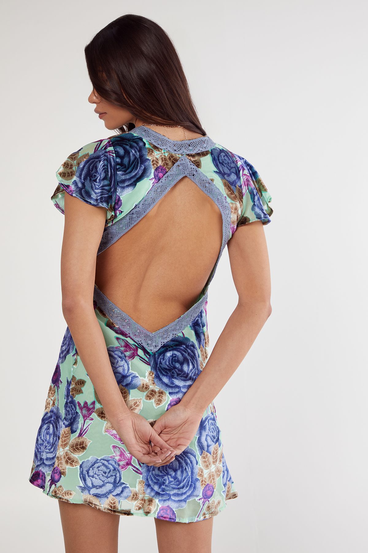 NastyGal Floral Devore Lace Trim Cut Out Back Mini Dress Mint image 4