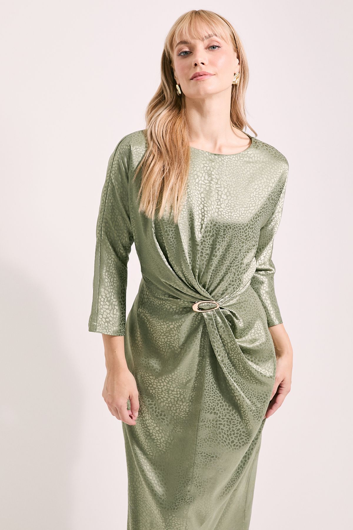 Principles Buckle Detail Twist Front Satin Jacquard Midi Dress Olive image 2