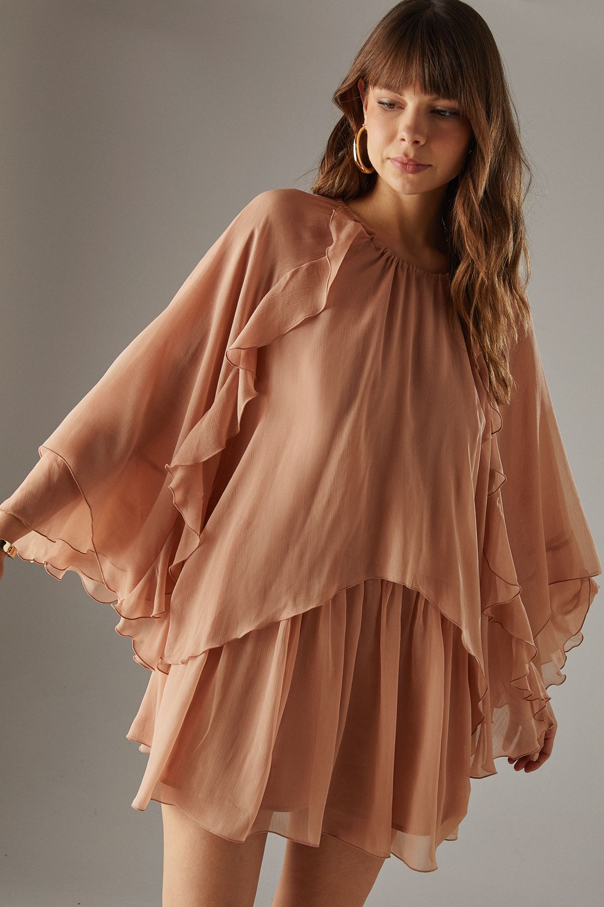 Warehouse Chiffon Ruffle Flared Sleeve Mini Smock Cape Dress Tan image 4