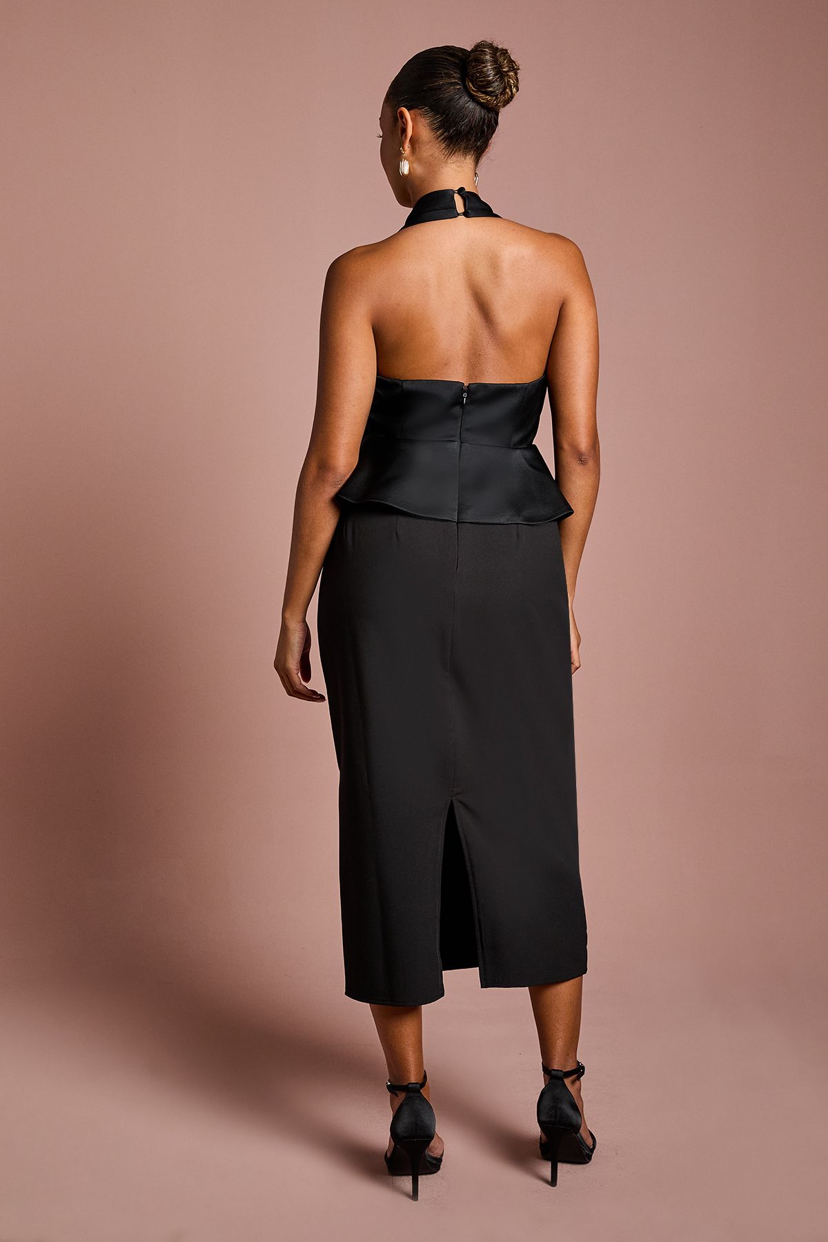 Coast Petite Halter Neck Structured Satin Column Midi Dress Black image 3