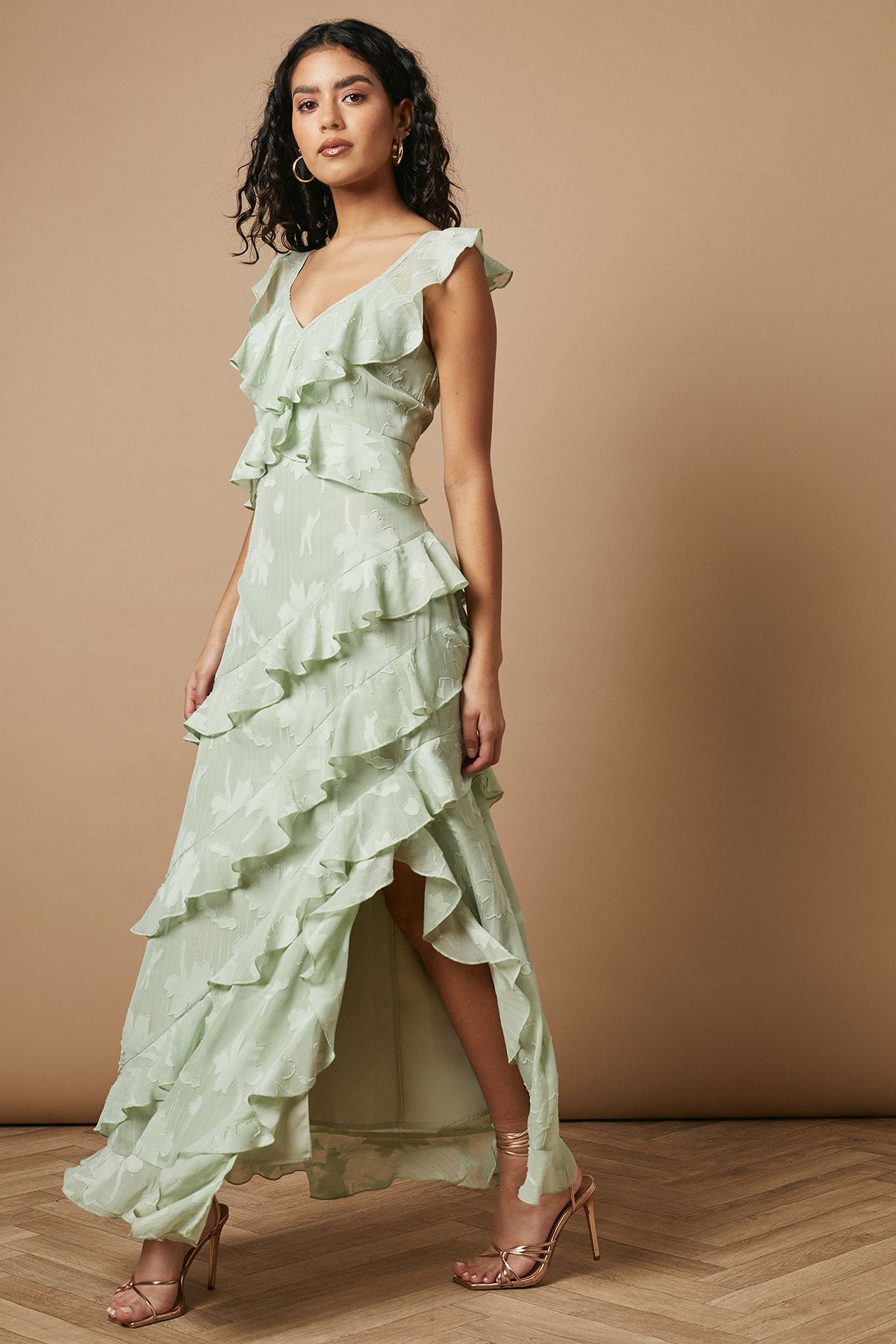 Oasis Petite Ruffle Jacquard Print Maxi Dress Sage image 4