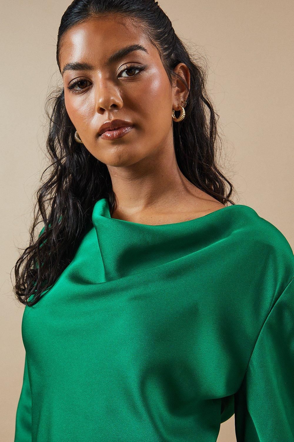 Oasis Petite Occasion Satin Cowl Mini Dress Green image 2