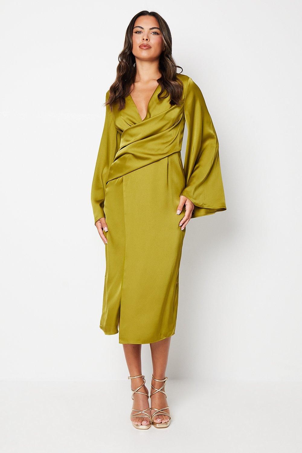 Coast Satin Wrap Dress With Flare Sleeve Olive image 1