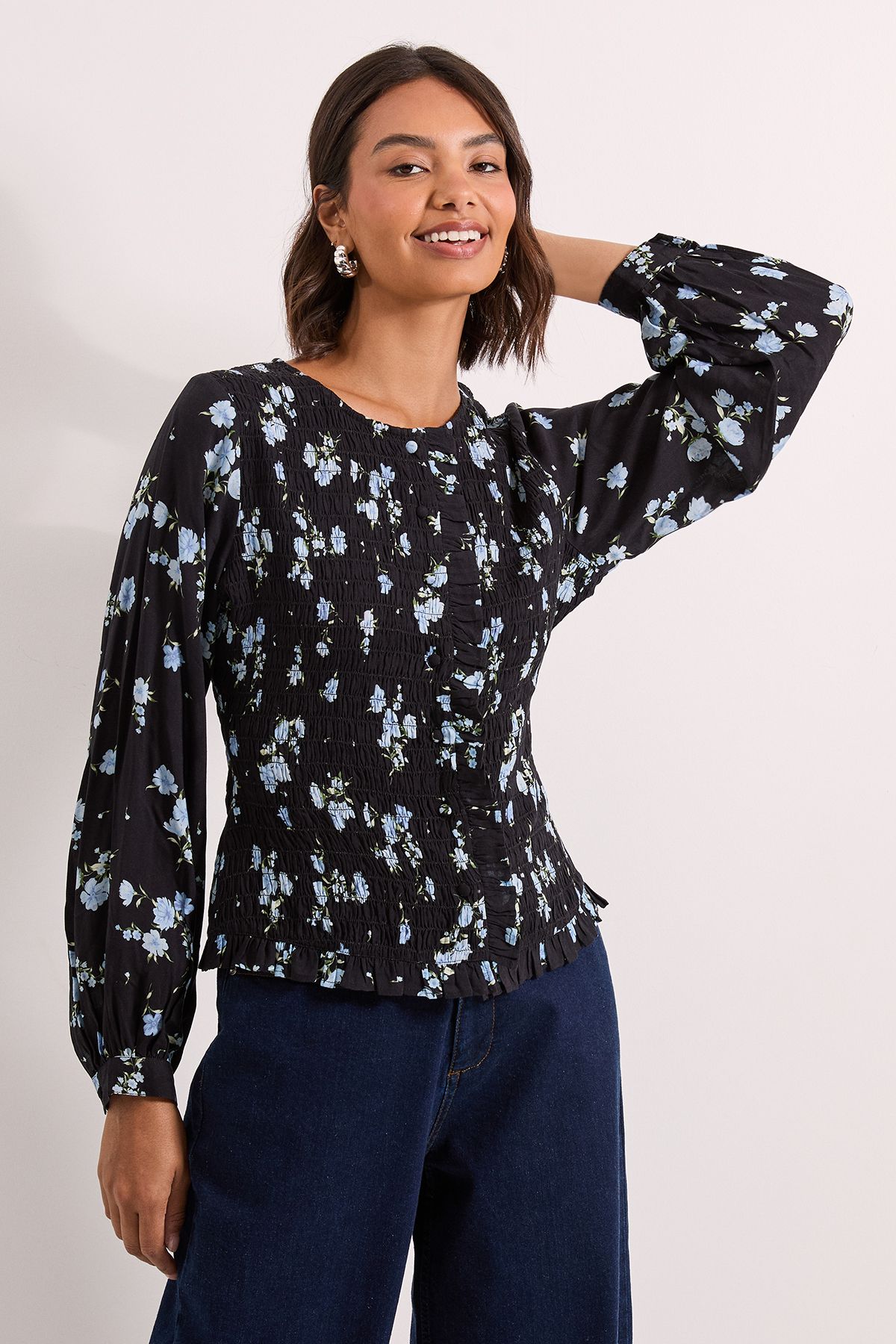 Dorothy Perkins Floral Shirred Bodice Button Through Top Floral image 1