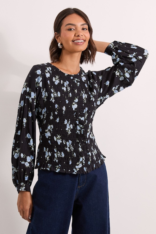 Dorothy Perkins Floral Shirred Bodice Button Through Top Floral