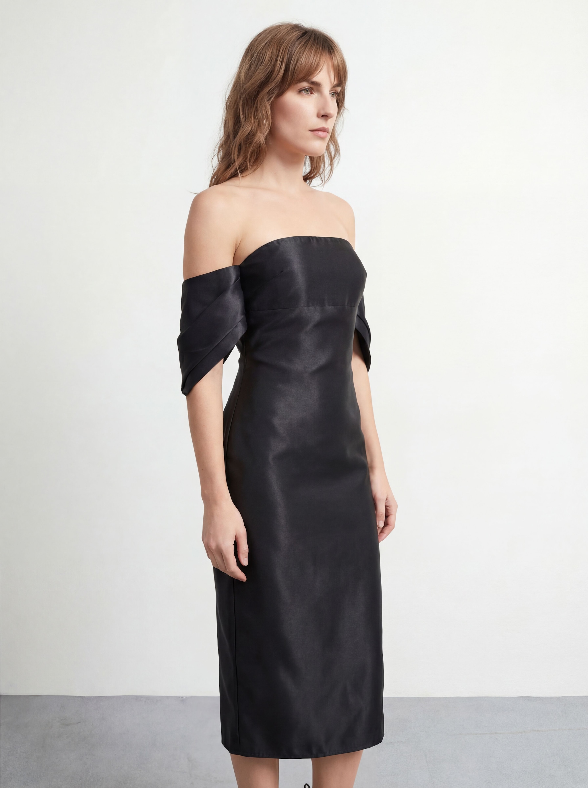 Warehouse Petite Structured Puff Sleeve Bardot Midi Dress Black image 2