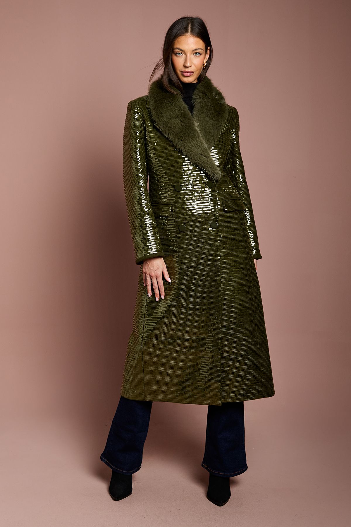 Coast Faux Fur Collar Sequin Longline Coat Olive image 1