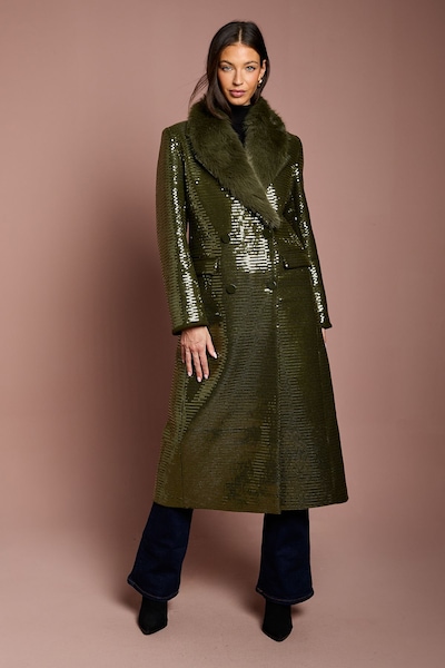 Coast Faux Fur Collar Sequin Longline Coat Olive