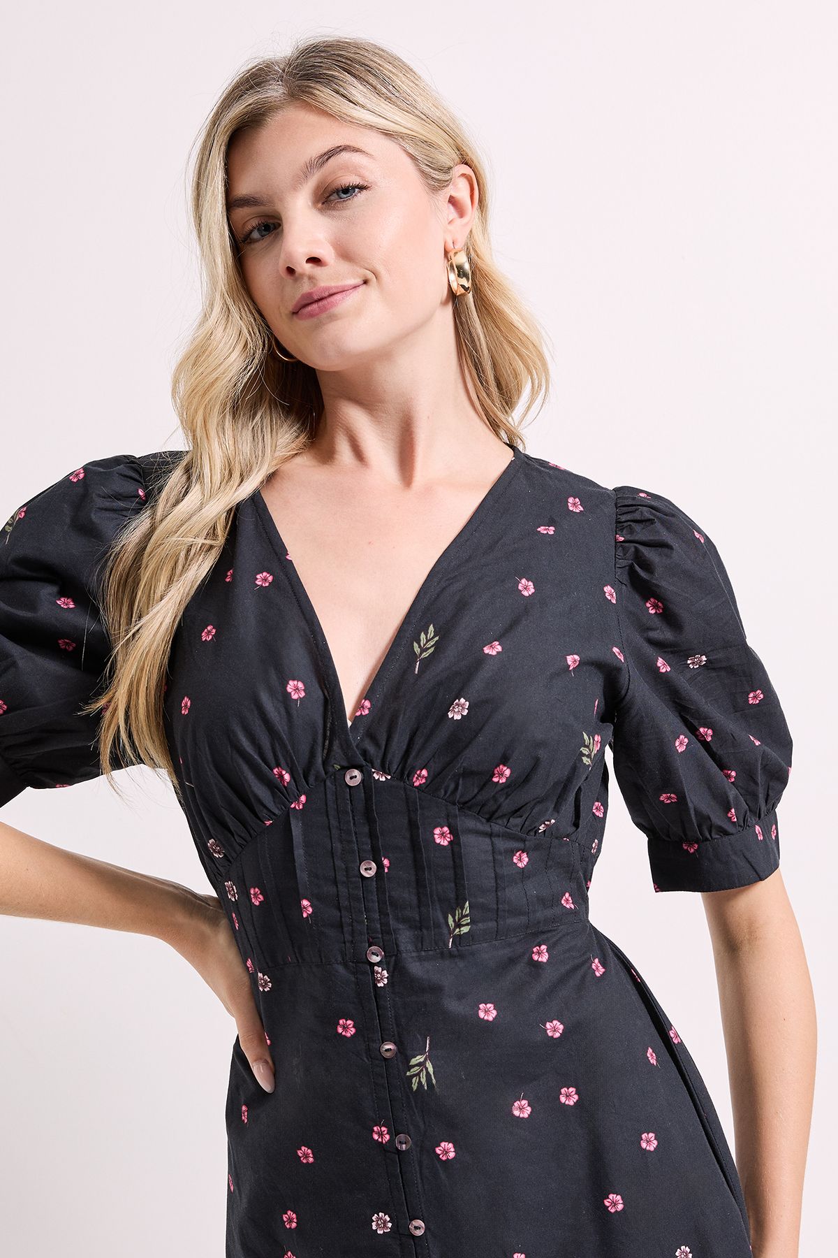 Dorothy Perkins Black Floral Puff Sleeve Button Front Midi Dress Floral image 3