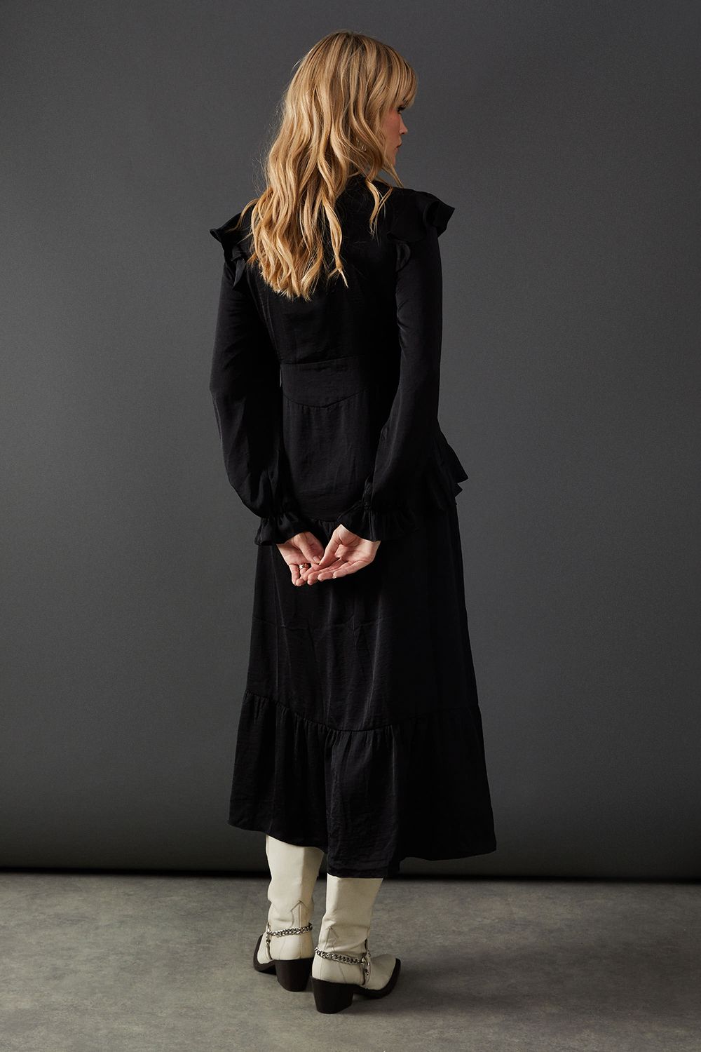 Warehouse Satin Tie Neck Ruffle Midi Dress Black image 3