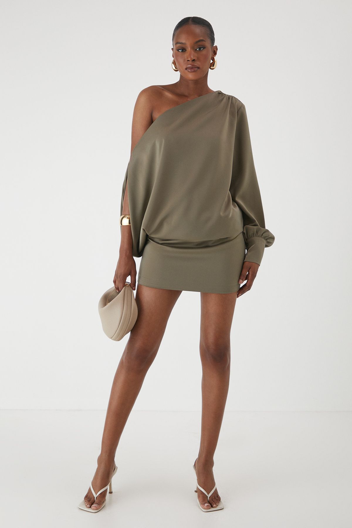 MissPap One Shoulder Satin Mini Dress Khaki image 1