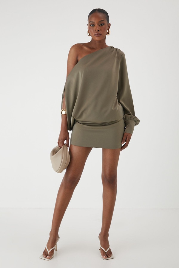 MissPap One Shoulder Satin Mini Dress Khaki