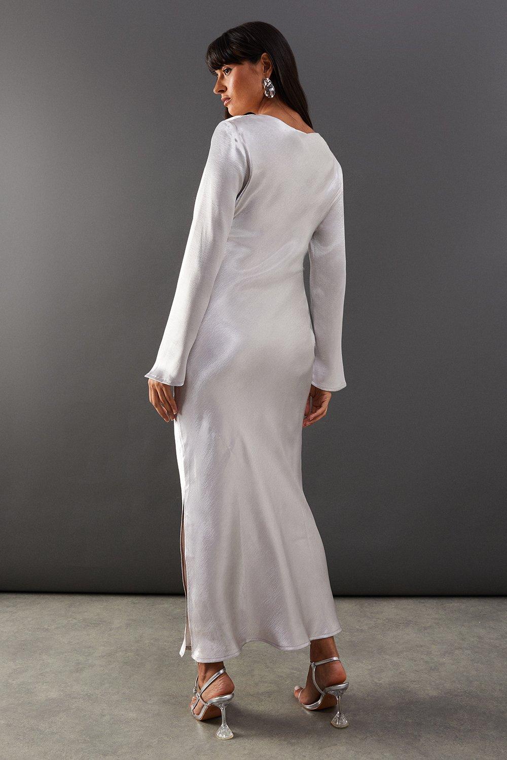 Warehouse High Shine Metallic Satin Column Midi Dress image 3