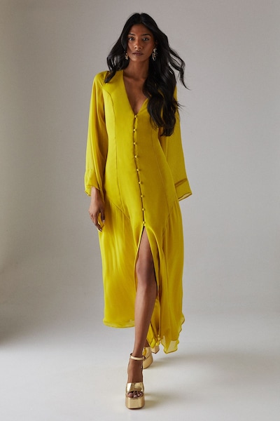 Warehouse Chiffon Bohemian Button Through Maxi Dress Chartreuse