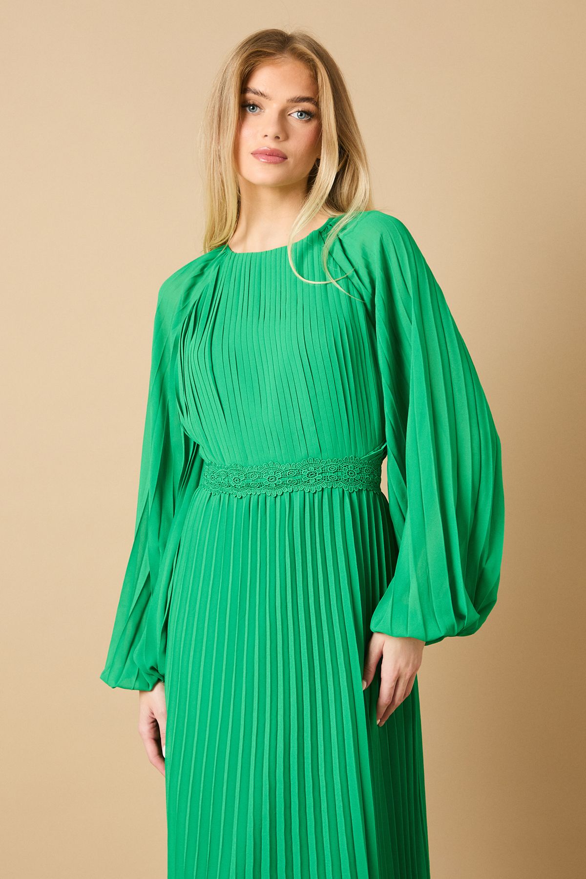 Oasis High Neck Mesh Long Sleeve Maxi Dress Green image 2