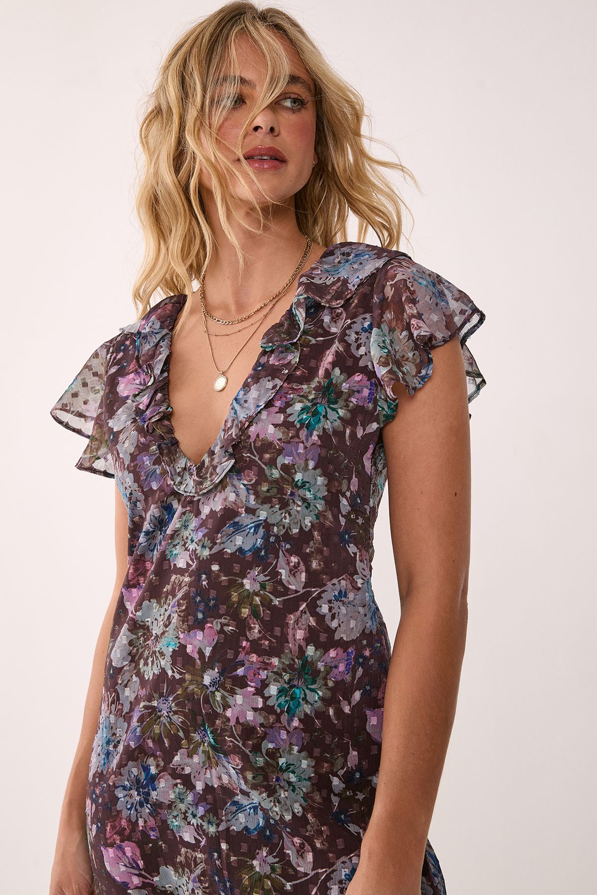 NastyGal Dobby Floral Ruffle Lace Up Back Midi Dress Chocolate image 2