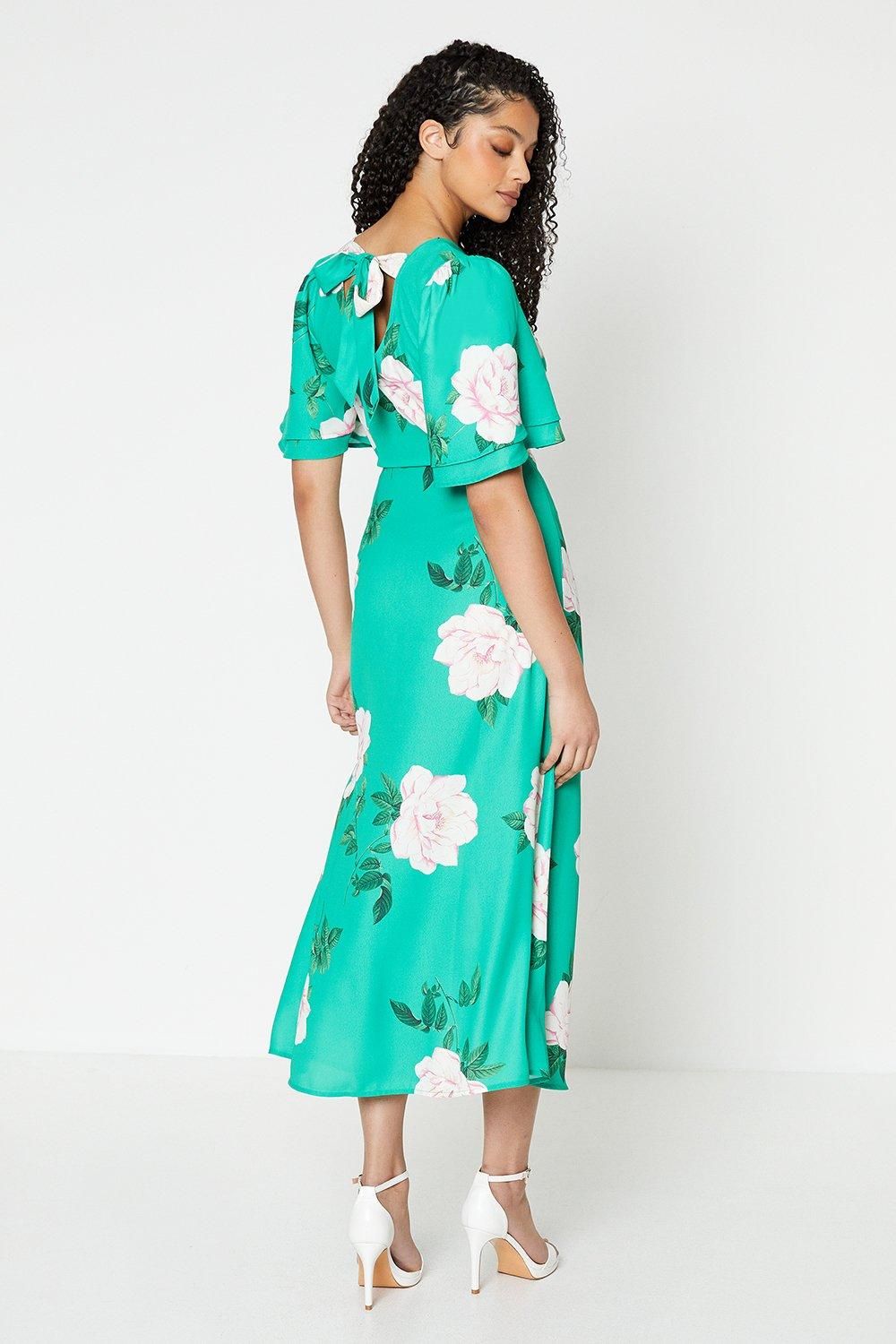 Dorothy Perkins Tall Green Floral Flutter Sleeve Midi Dress Green image 3