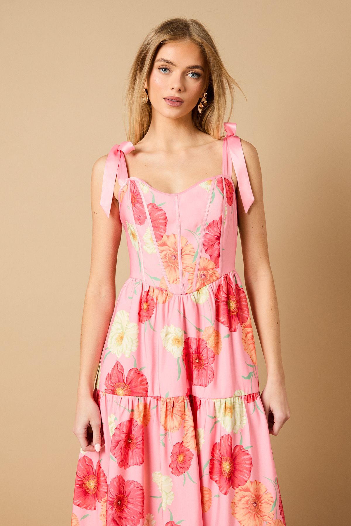 Oasis Corset Detail Bow Tie Strap Midi Dress Pink image 2