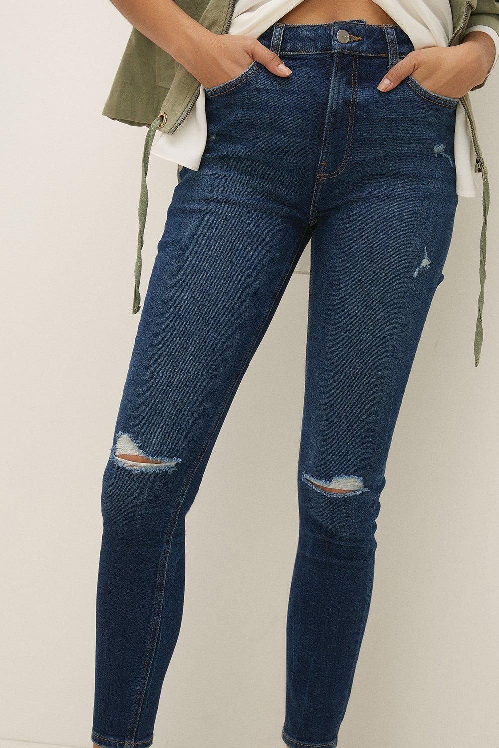 Oasis Petite Ripped High Waisted Skinny Jean Dark Blue image 2