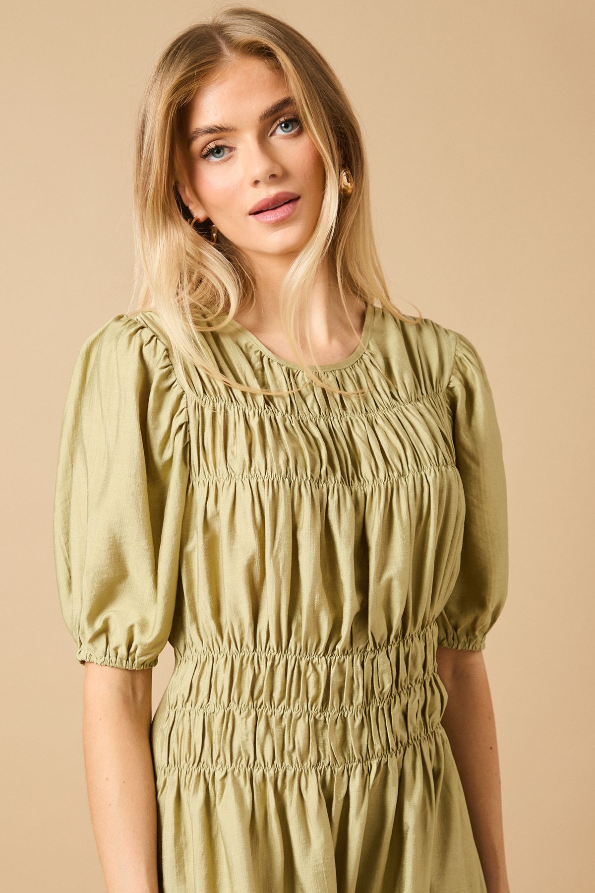 Oasis Shirred Bodice Puff Sleeve Mini Dress Khaki image 3