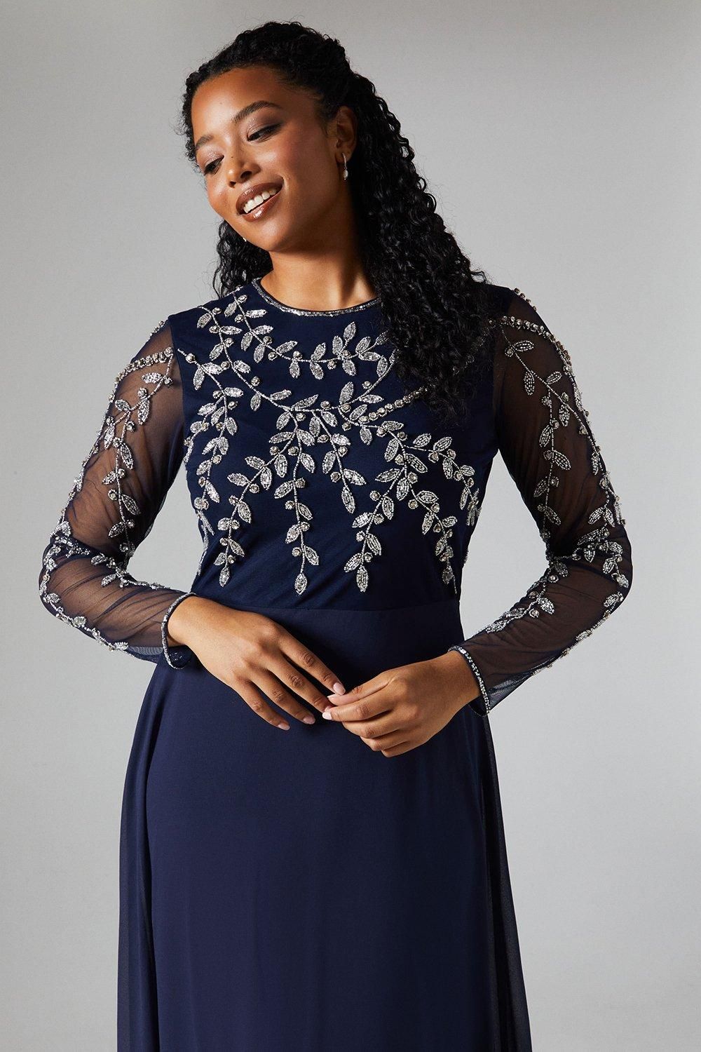 Coast Encrusted Floral Applique Long Sleeve Embellished Bridesmaid Maxi Dress Navy image 4