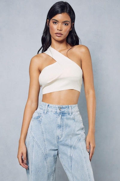 MissPap Knitted Ribbed One Shoulder Top Stone