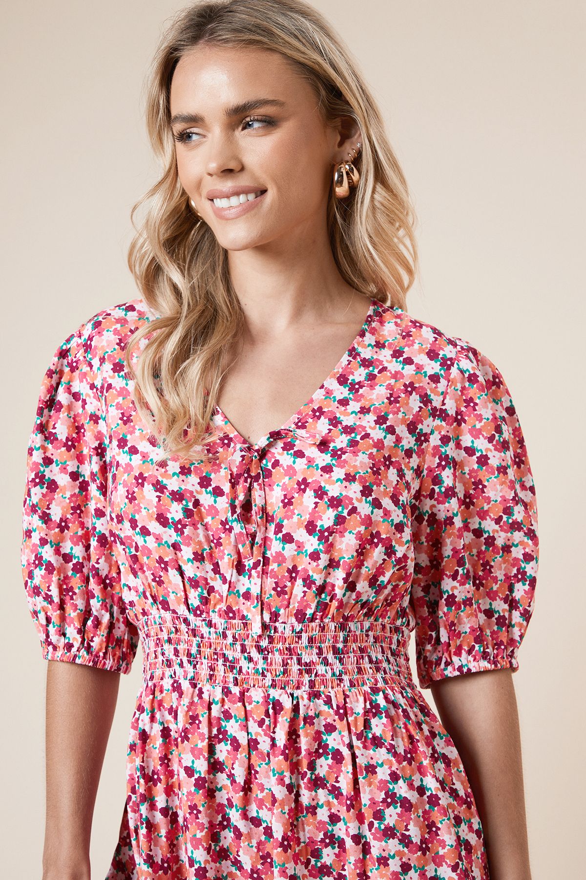 Dorothy Perkins Petite Floral Tie Front Frill Sleeve Mini Dress Pink image 4