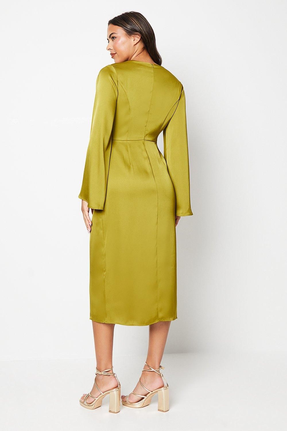 Coast Satin Wrap Dress With Flare Sleeve Olive image 3