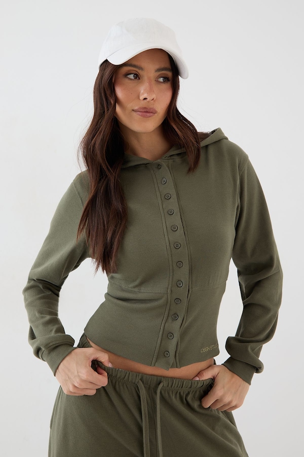 DSGN Studio DSGN Studio Button Through Cinched Hooded Rib Top Olive
