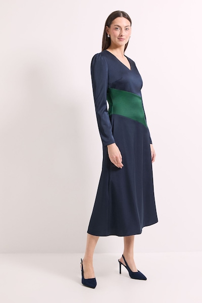 Principles Colour Block Satin Crepe Fit & Flare Midi Dress Navy