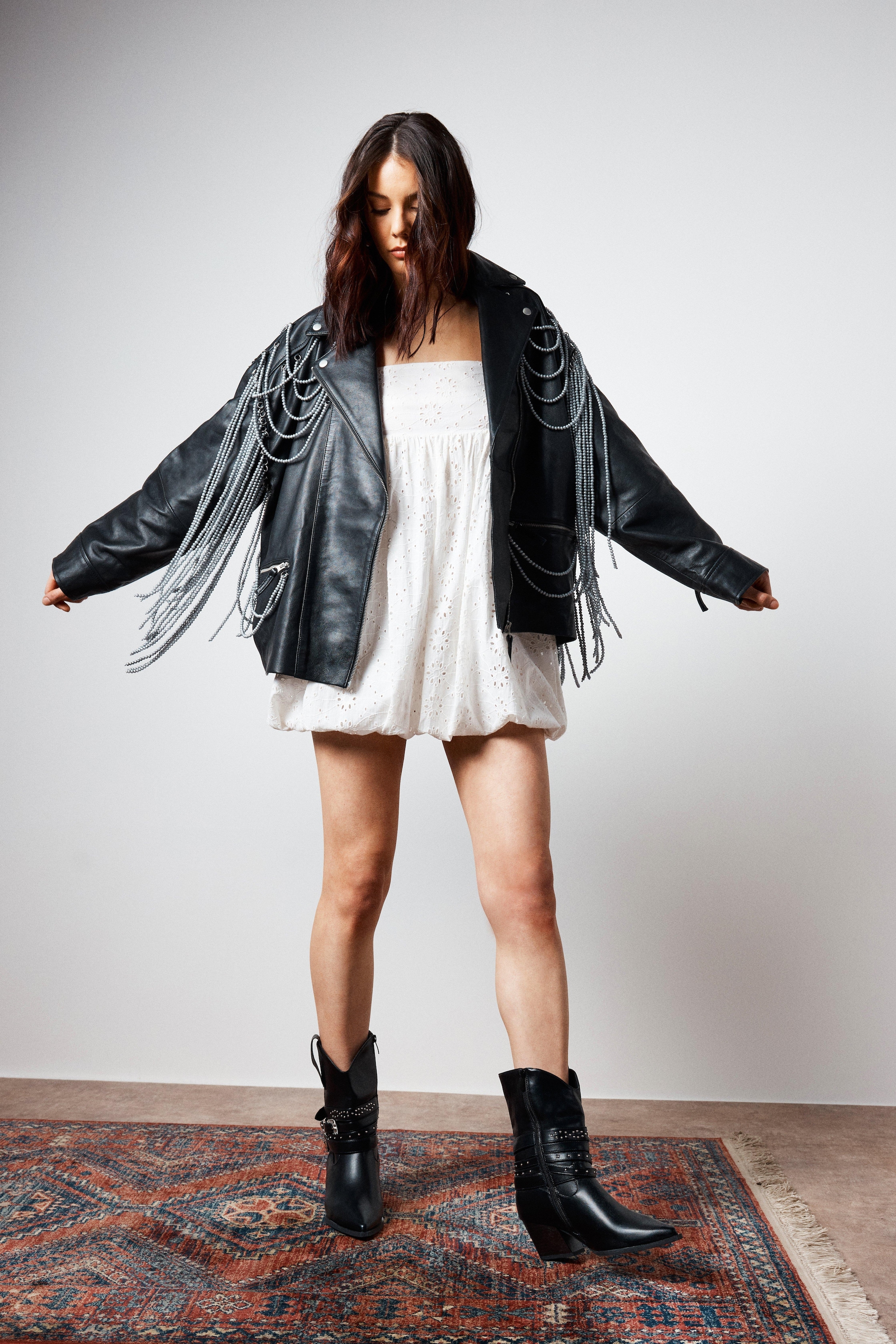 NastyGal Real Leather Pearl Trim Detail Jacket Black image 2