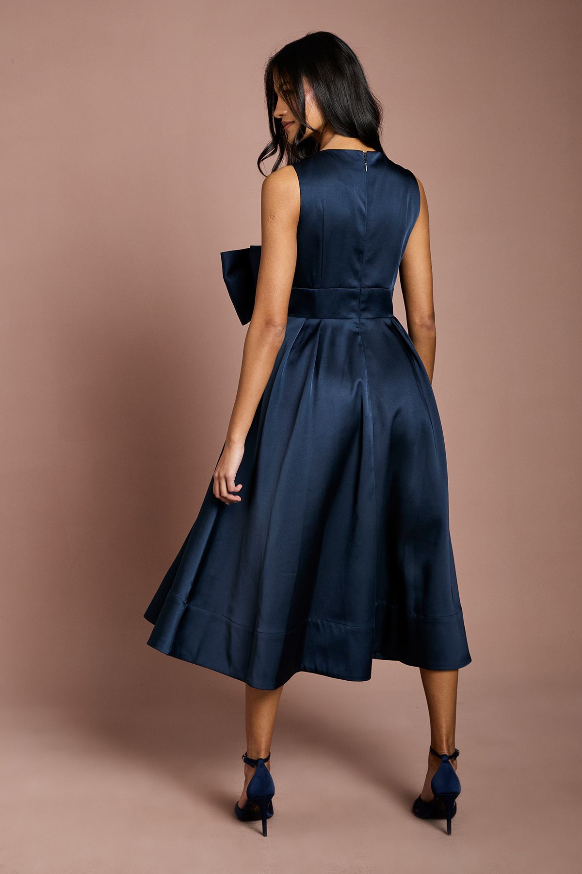 Coast Petite Satin Midi Dress With Bow Detail Navy image 3