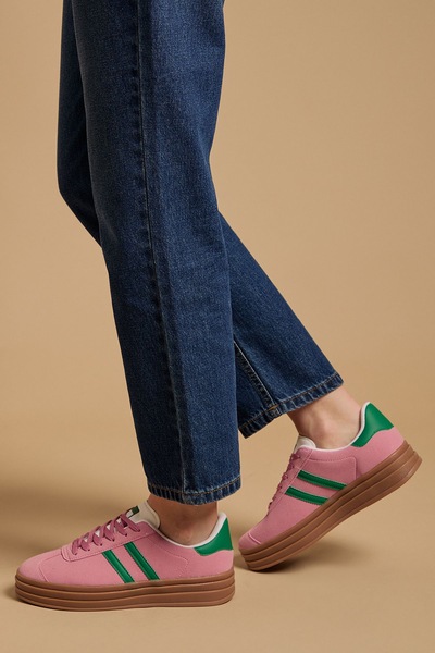 Oasis Issie Faux Suede Lace Up Platform Trainers Pink