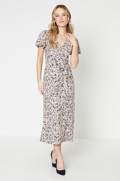 Dorothy Perkins Abstract Flutter Sleeve Wrap Jersey Midi Dress Pink