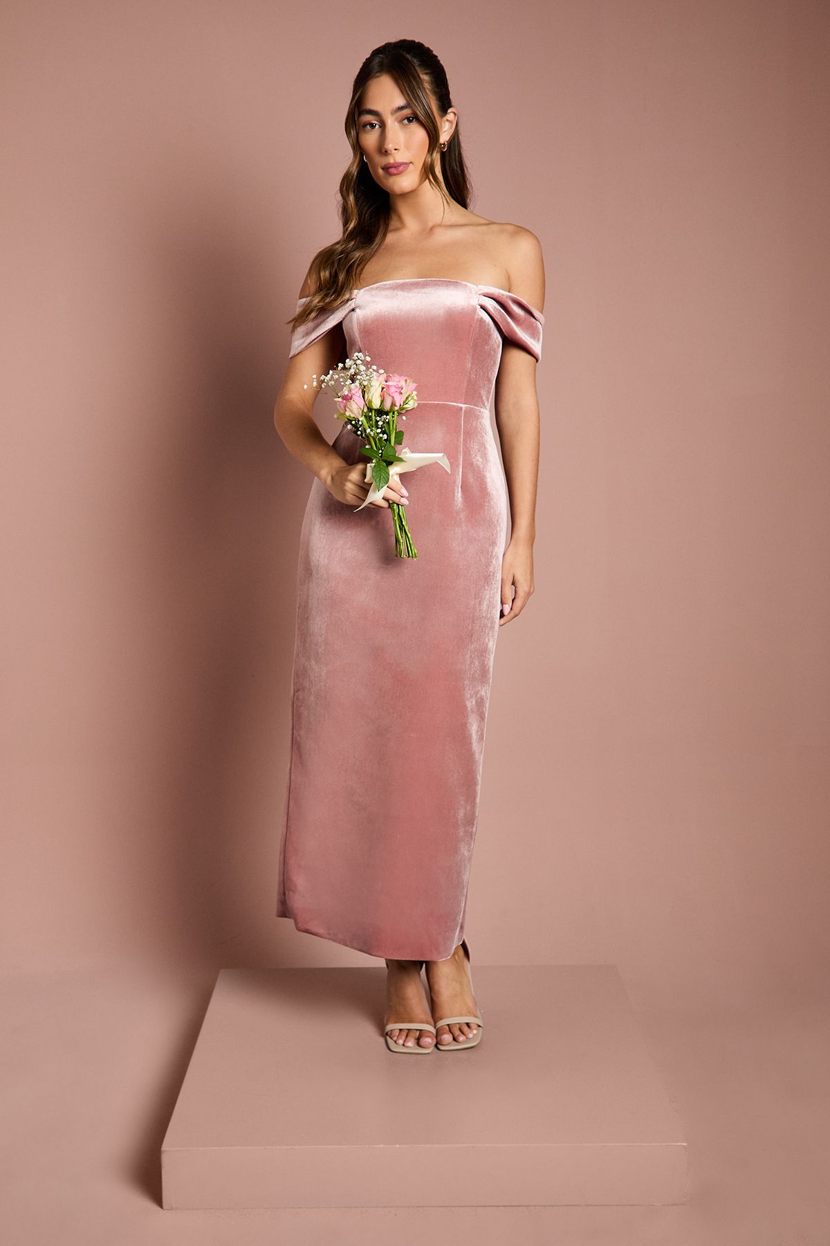 Coast Velvet Bardot Column Bridesmaid Maxi Dress Blush image 1