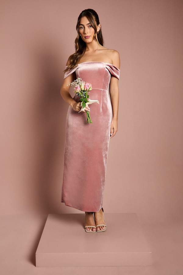 Coast Velvet Bardot Column Bridesmaid Maxi Dress Blush