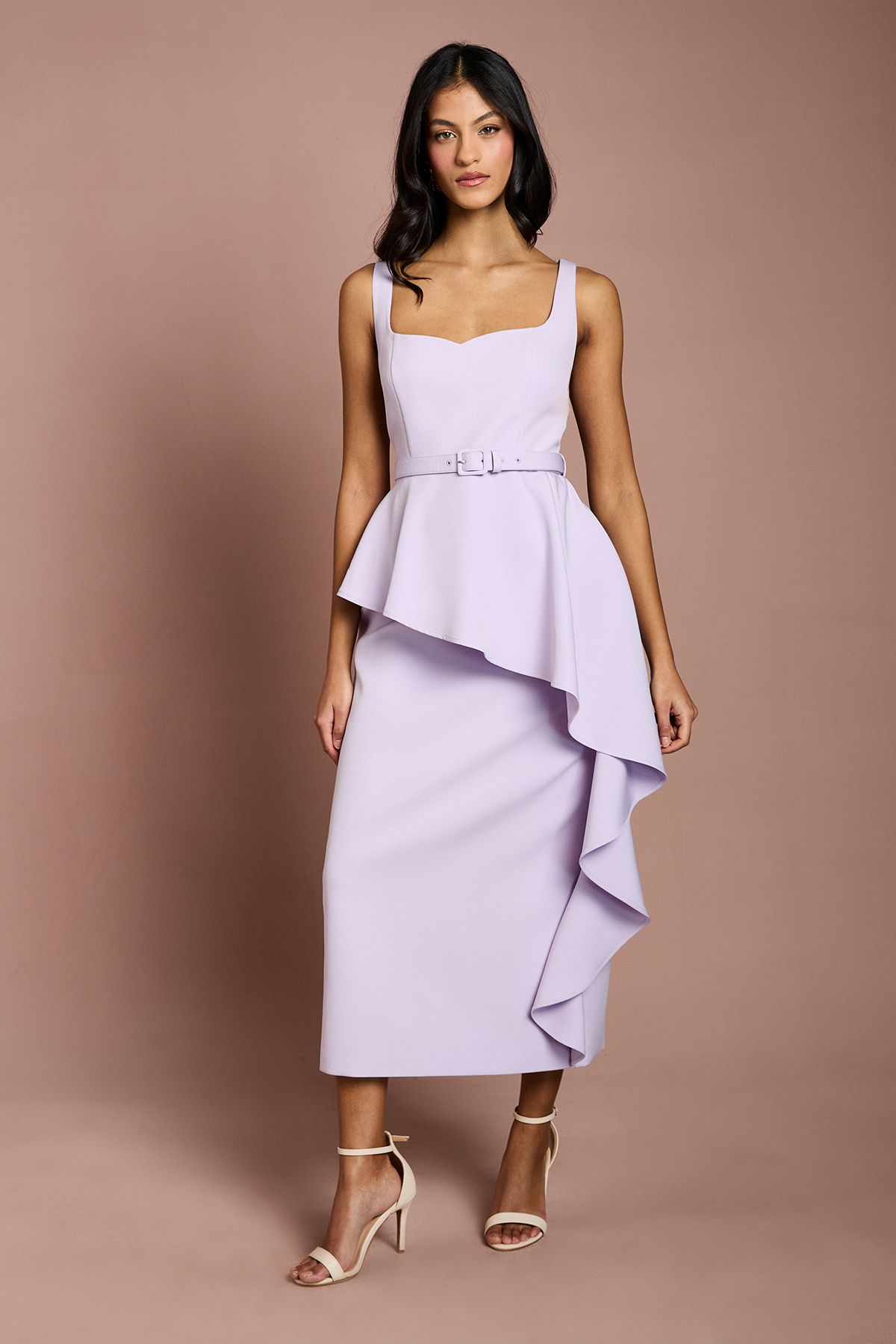 Coast Petite Crepe Belted Ruffle Skirt Pencil Dress Lilac