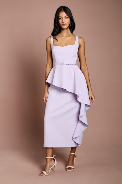 Coast Petite Crepe Belted Ruffle Skirt Pencil Dress Lilac