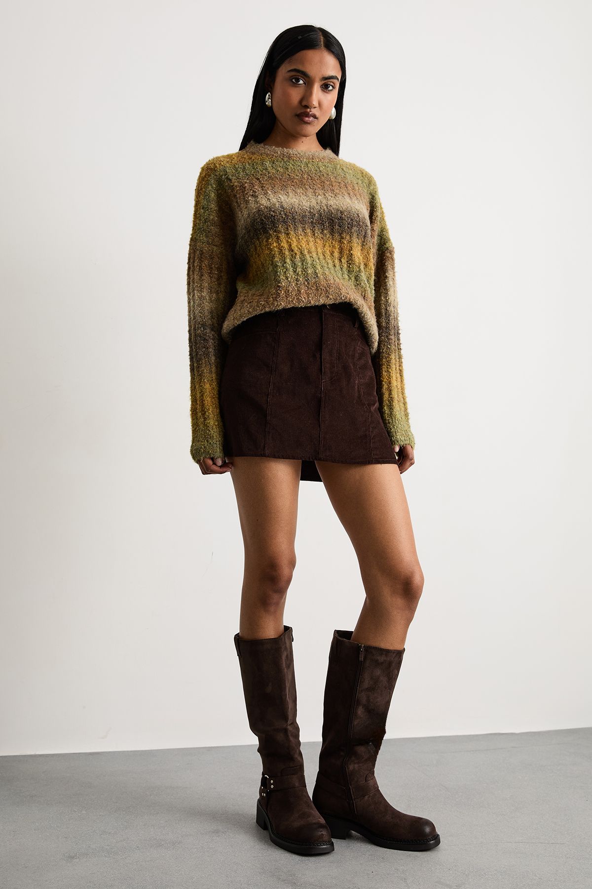 Warehouse Ombre Knitted Crew Neck Jumper Olive image 2
