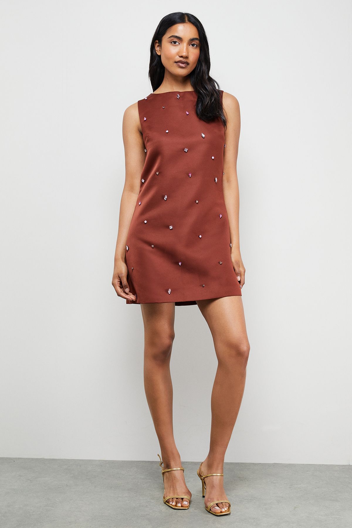 Warehouse Embellished Structured Sleeveless Sequin Mini Dress Brown image 4