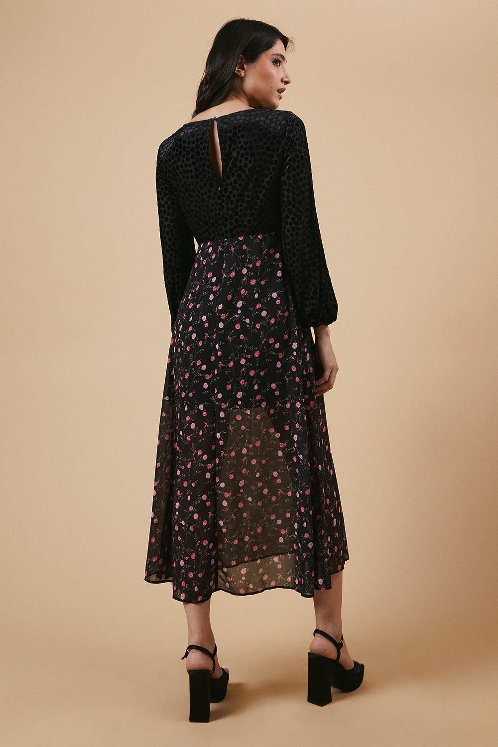 Oasis Occasion Floral Spot Bodice Midi Dress Black image 3