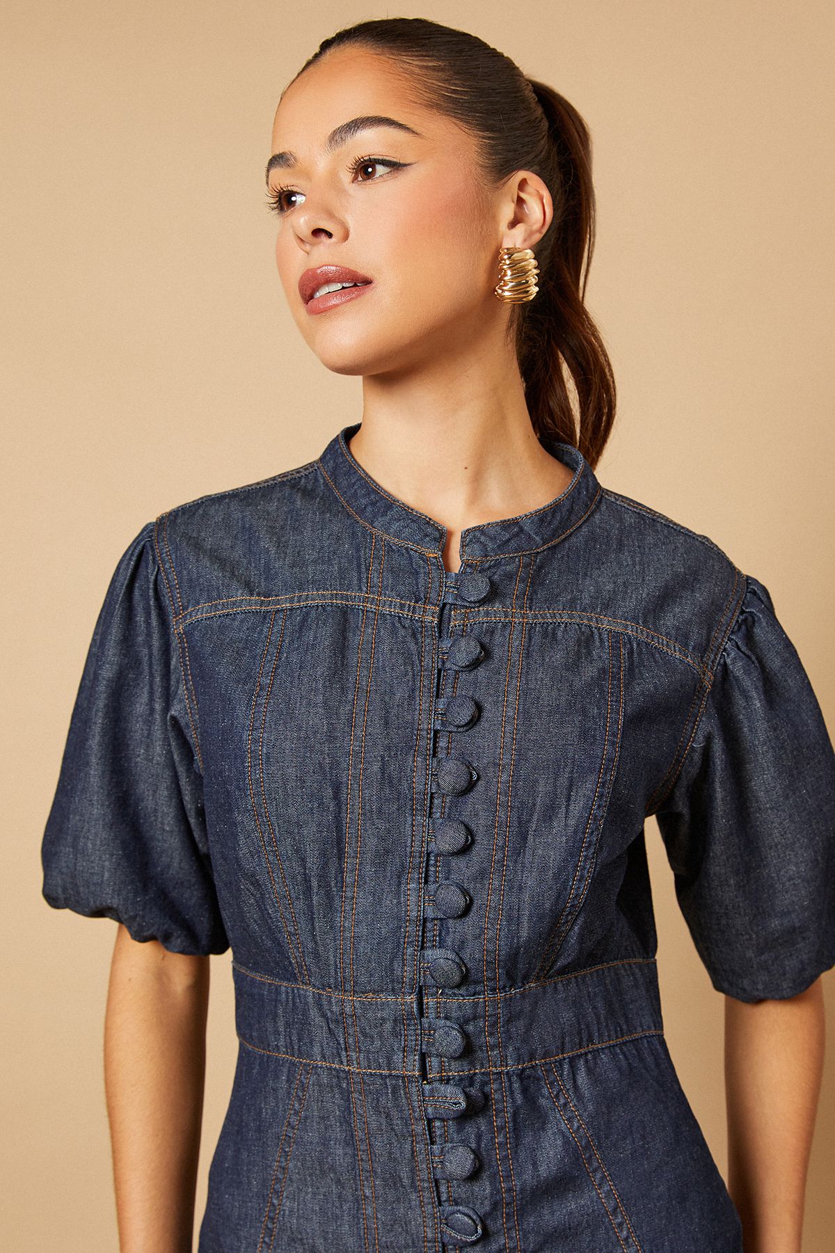 Oasis Drop Waist Button Up Denim Midi Dress Dark Wash image 5