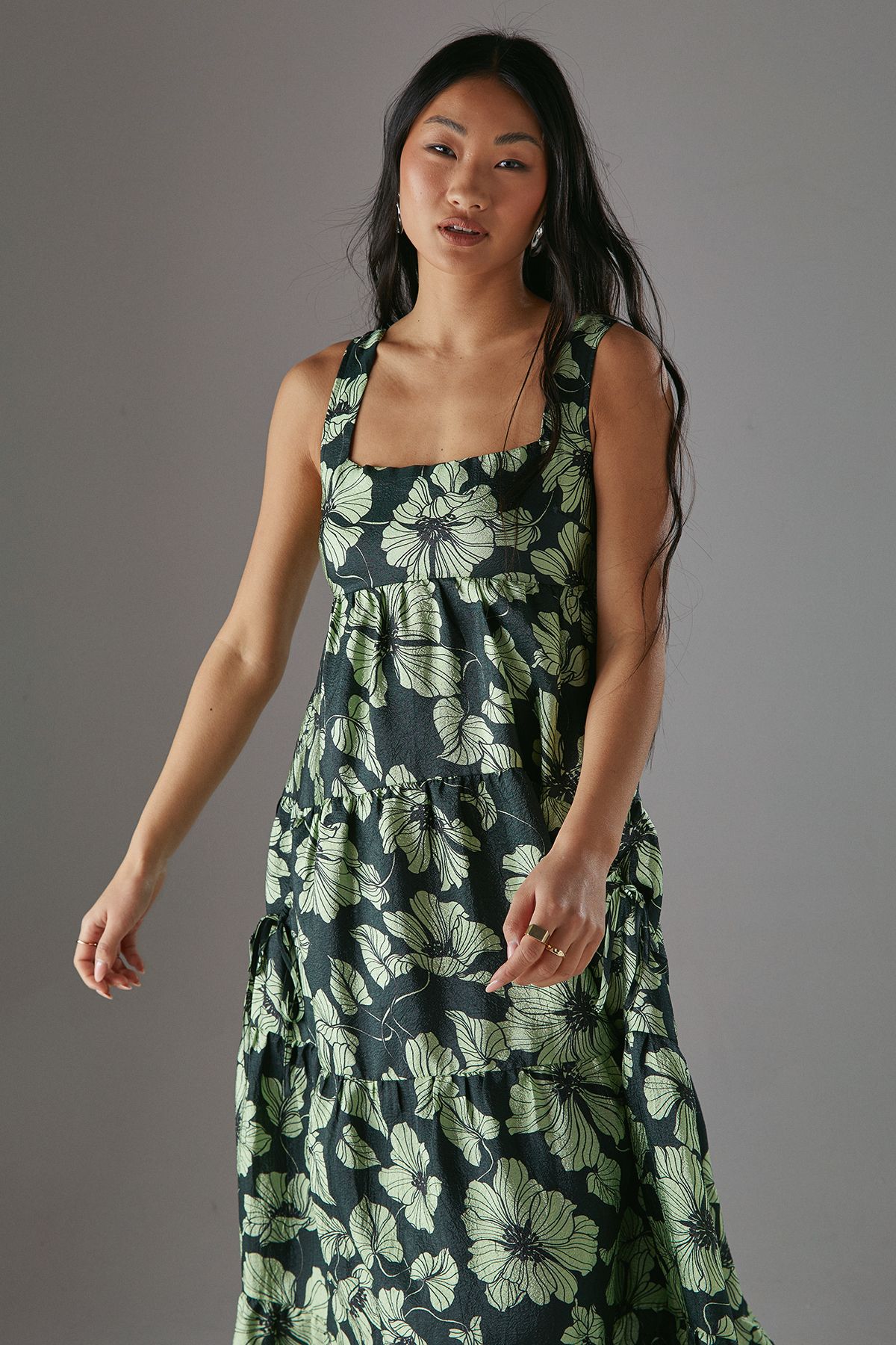 Warehouse Petite Square Neck Smock Midi Sundress Lime image 2