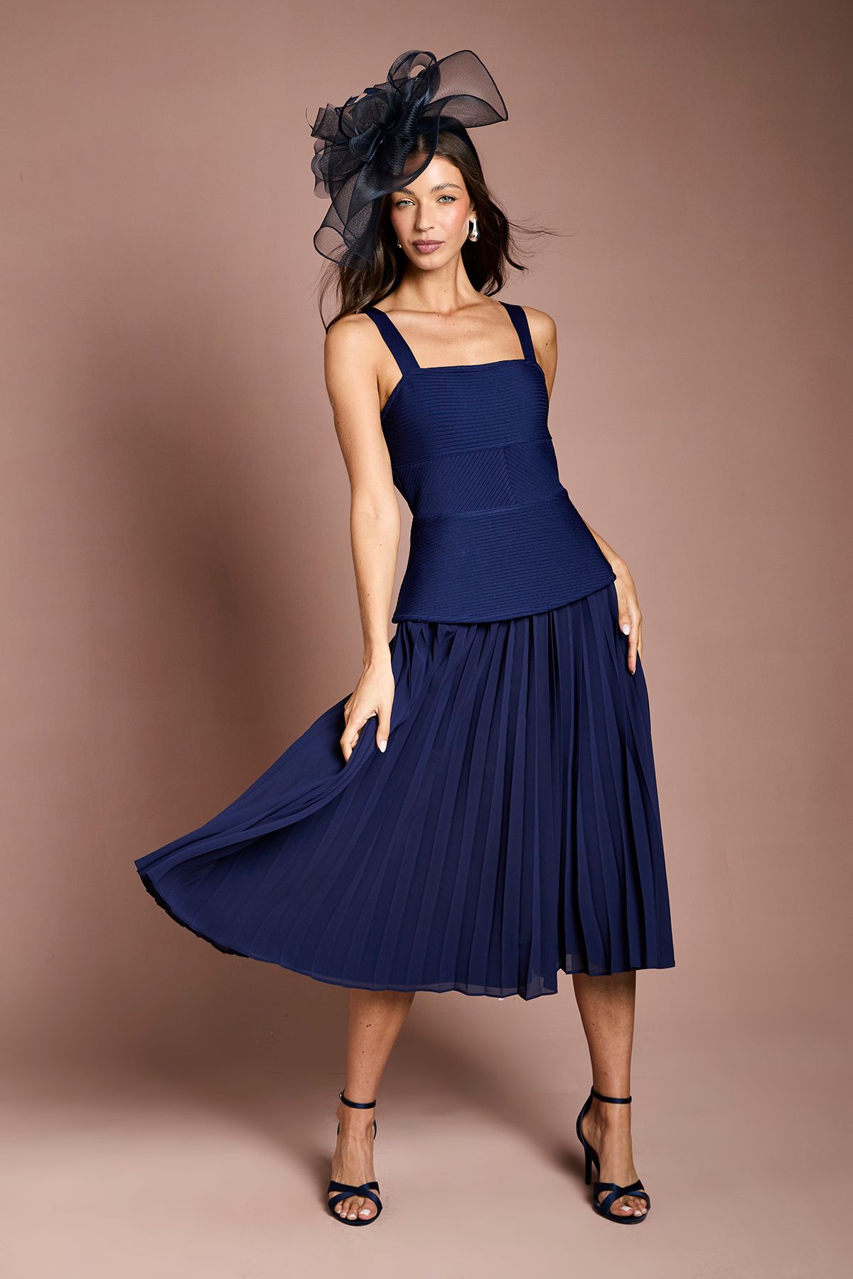 Coast Bandage Bodice Midi Dress With Pleated Skirt Navy